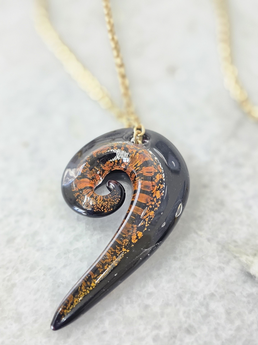 Handmade Black Glass Spiral Pendant Necklace Copper Accents Gold Chain
